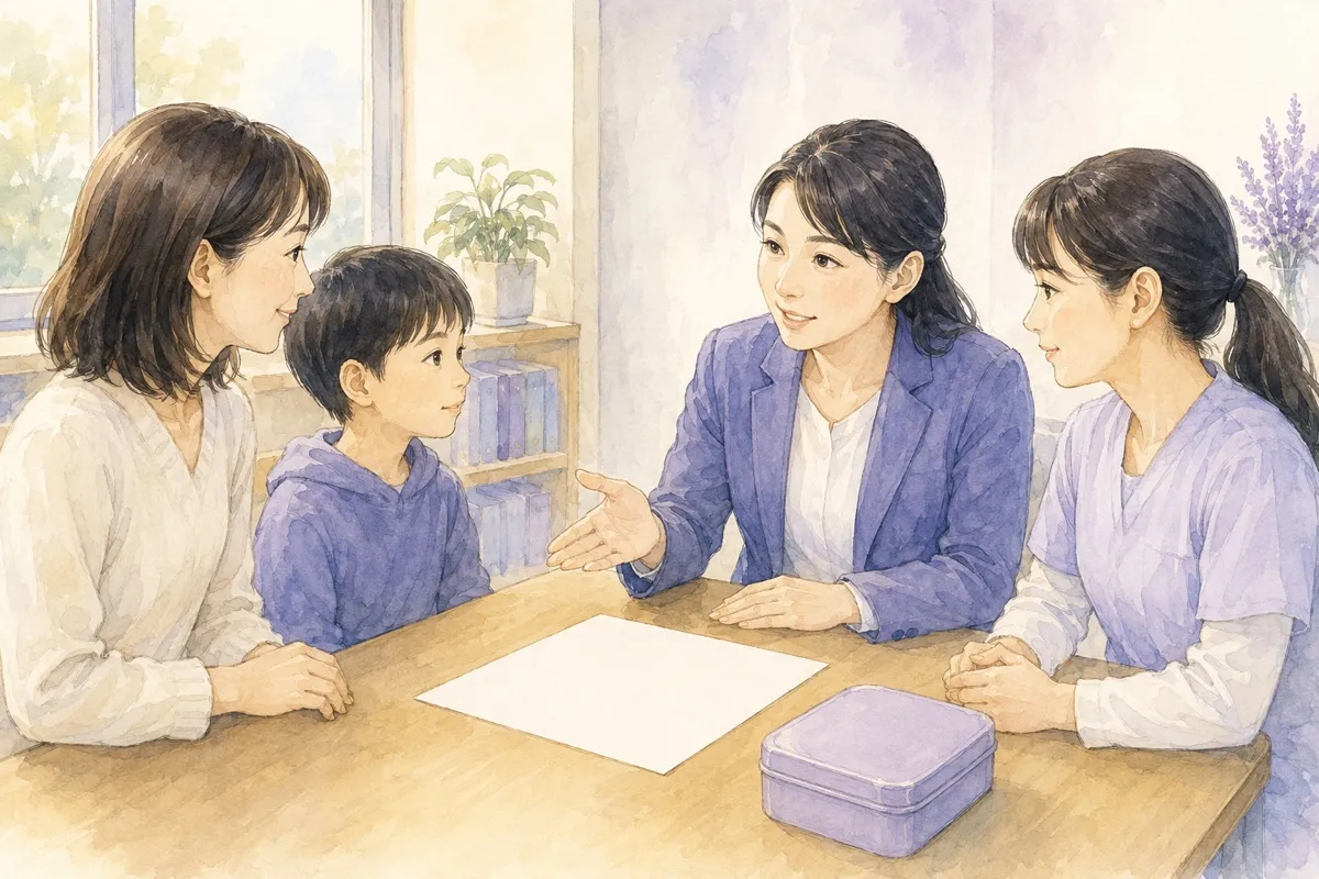 保護者と子どもが教職員と食物アレルギーの対応書類を確認する場面