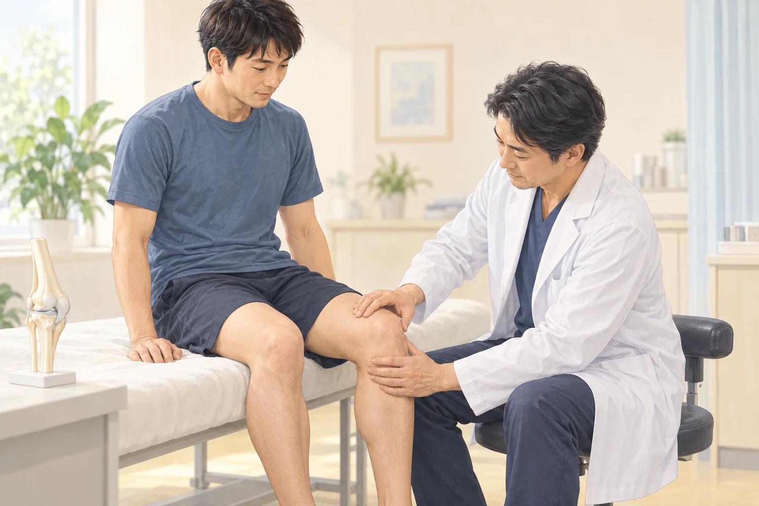医師が患者の膝の状態を丁寧に診察する様子