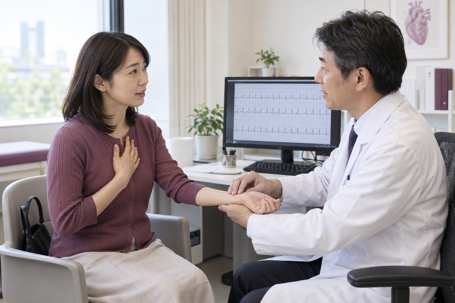 動悸について循環器内科医へ相談し脈を確認してもらう患者