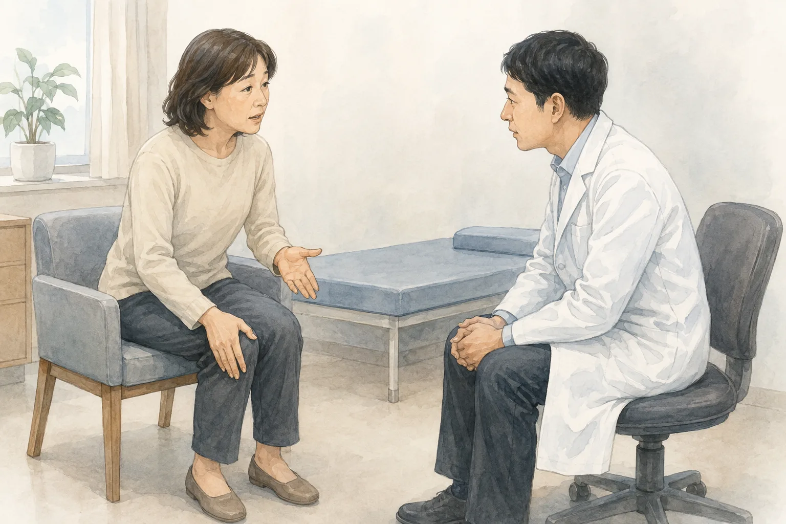 膝や日常動作の困りごとを医師へ伝える患者のイラスト