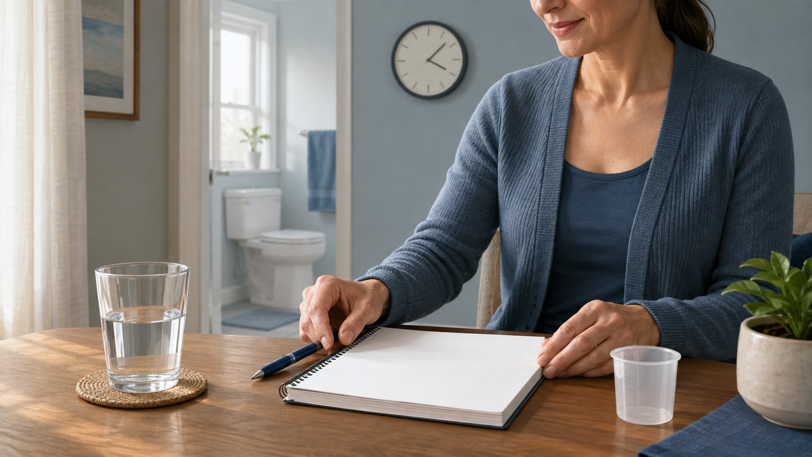 排尿時刻や飲水、尿量を記録するためノートと計量容器を準備する場面