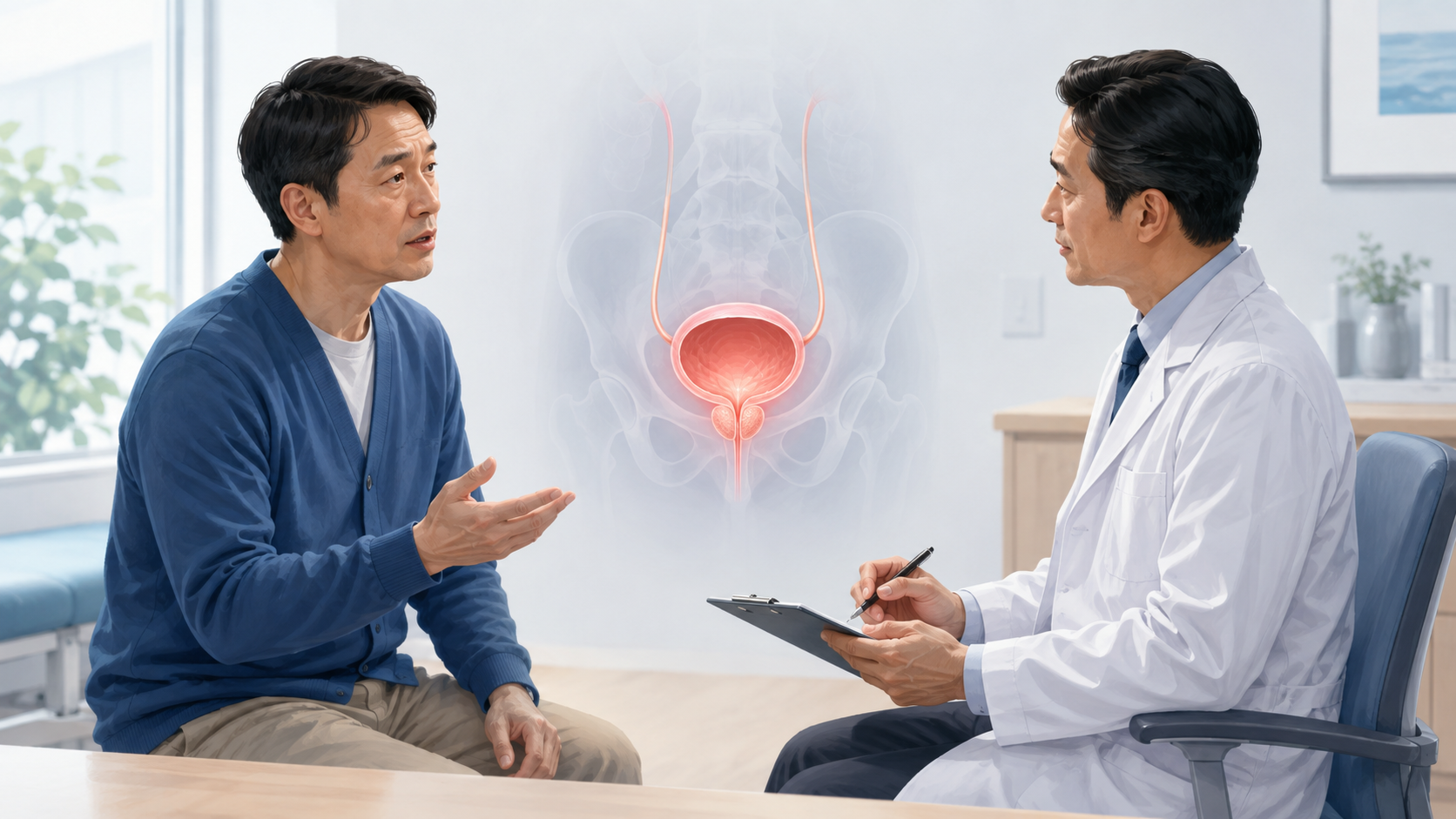 急に尿をしたくなる症状と膀胱の状態を泌尿器科医に相談する場面