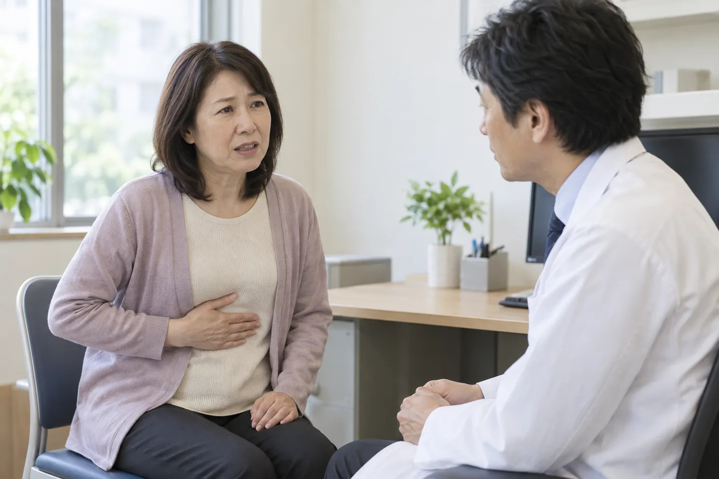 みぞおちの不快感について、診察室で患者が医師に相談する場面の生成イメージ