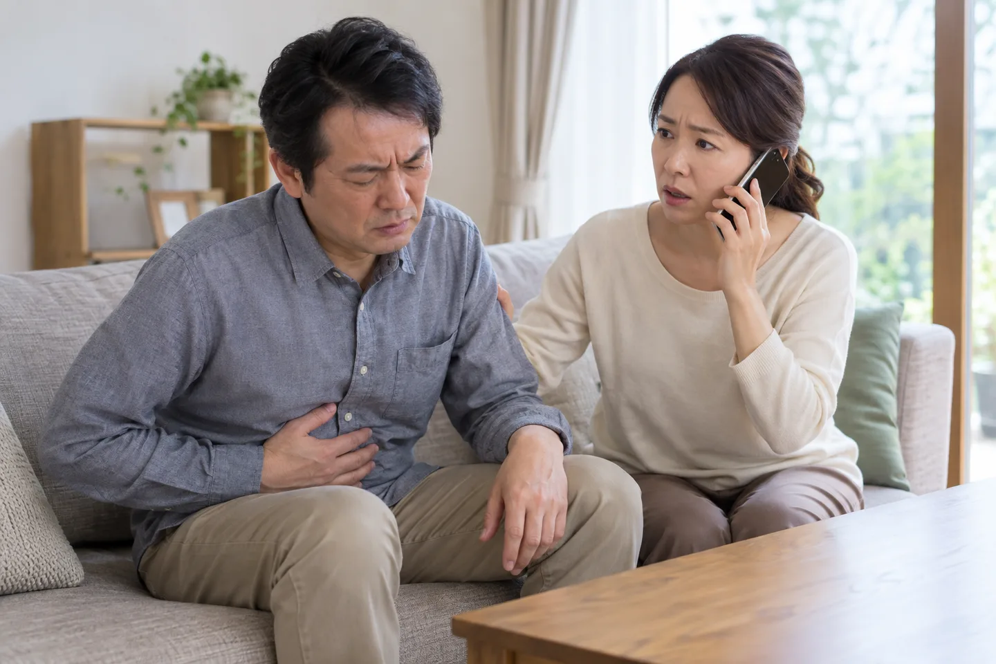 自宅で腹痛のある人に家族が付き添い、医療機関へ電話で相談する場面の生成イメージ