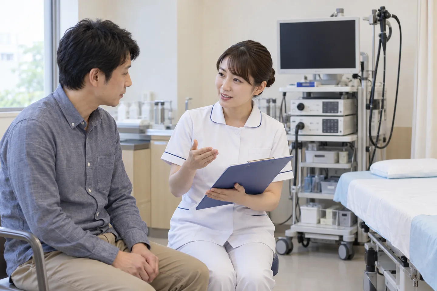内視鏡検査室で、服を着た患者が看護師から胃カメラ前の説明を受ける生成イメージ