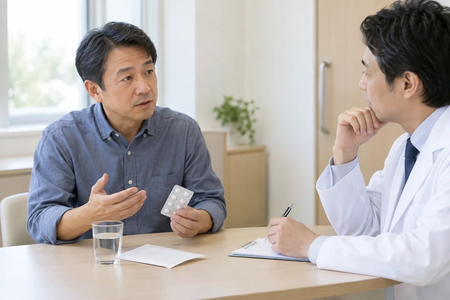 胃潰瘍の治療中の患者が診察室で薬と次の受診予定を医師へ相談する生成イメージ