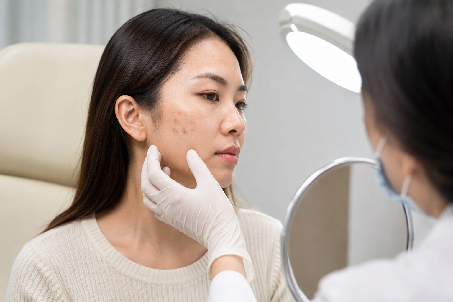 美容施術後の平らな褐色斑を皮膚科で確認している様子