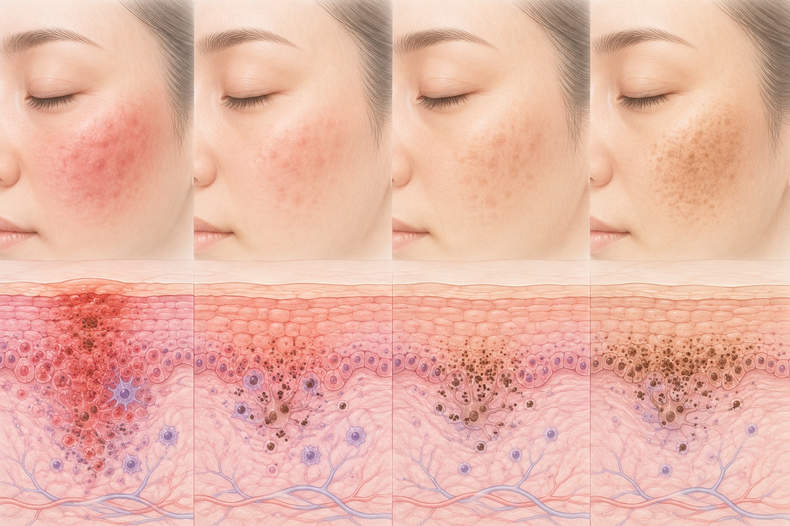 炎症から褐色の色調が残るまでの皮膚変化を示す医療イラスト