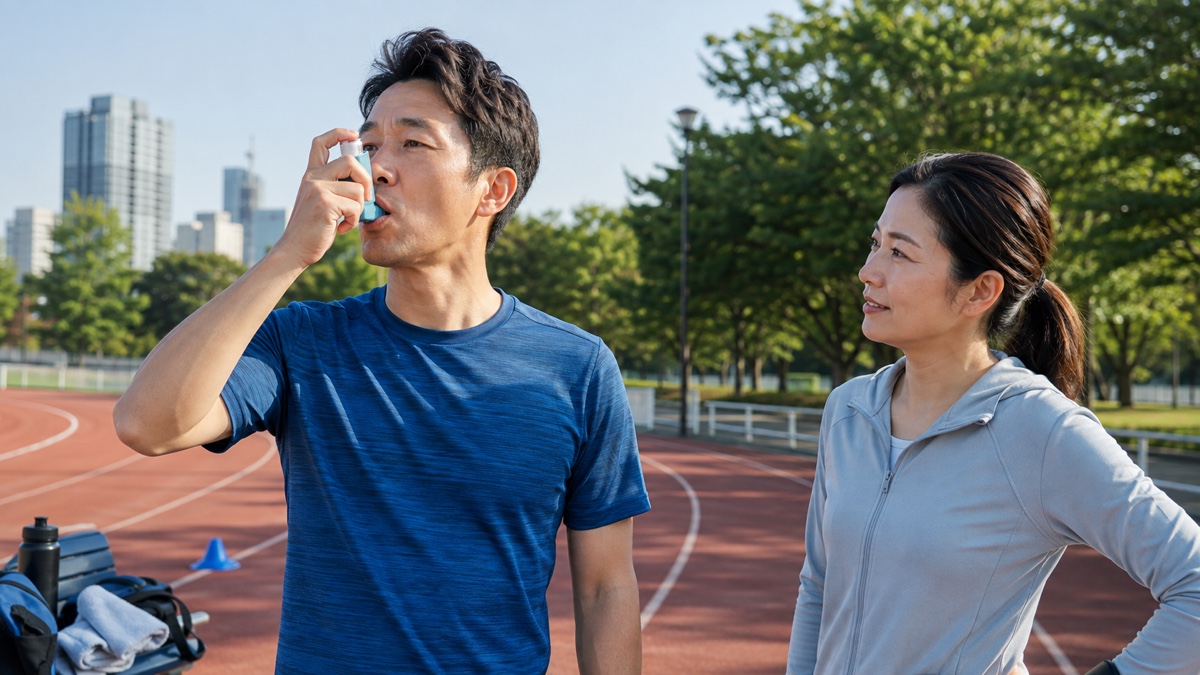 運動後の軽い咳と息苦しさに対し、ランニングトラック脇で処方された吸入器を使う患者