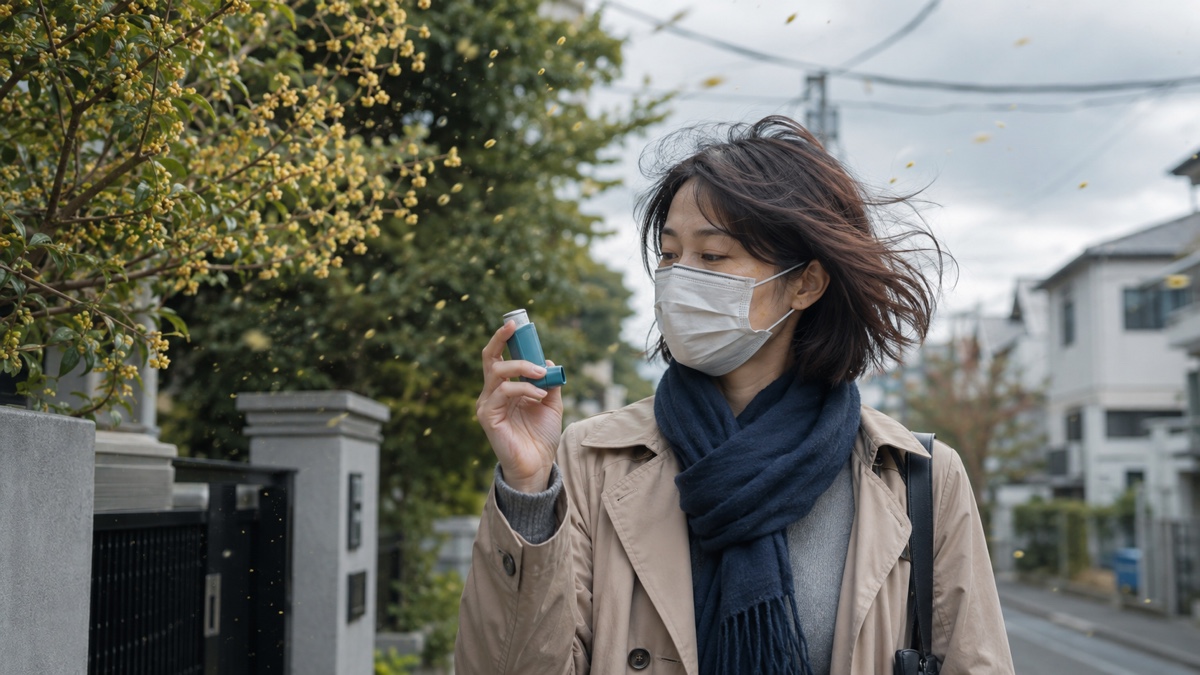 花粉と寒暖差のある風の強い日に、外出前の吸入器を確認する患者