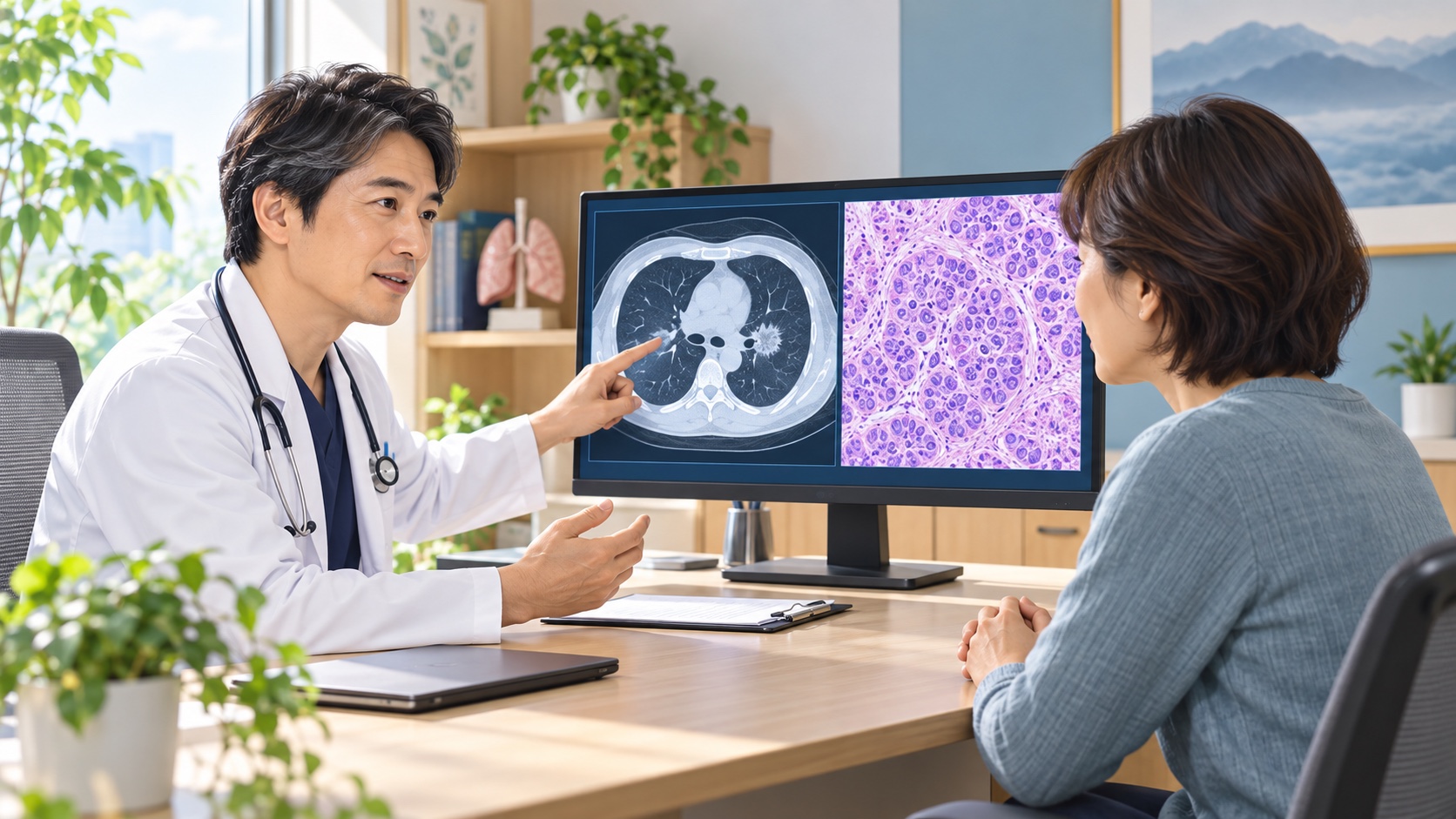 患者が呼吸器内科医と胸部画像・病理検査結果を一緒に確認する診察場面