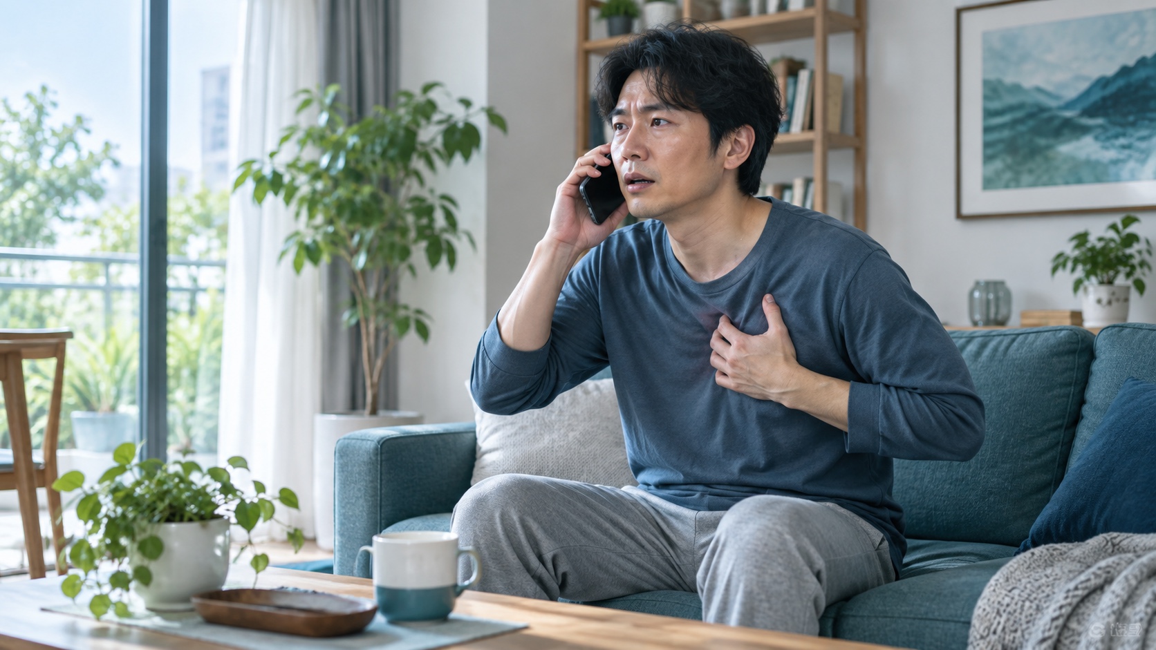自宅で突然の片側胸痛と息苦しさを感じ救急へ電話する成人