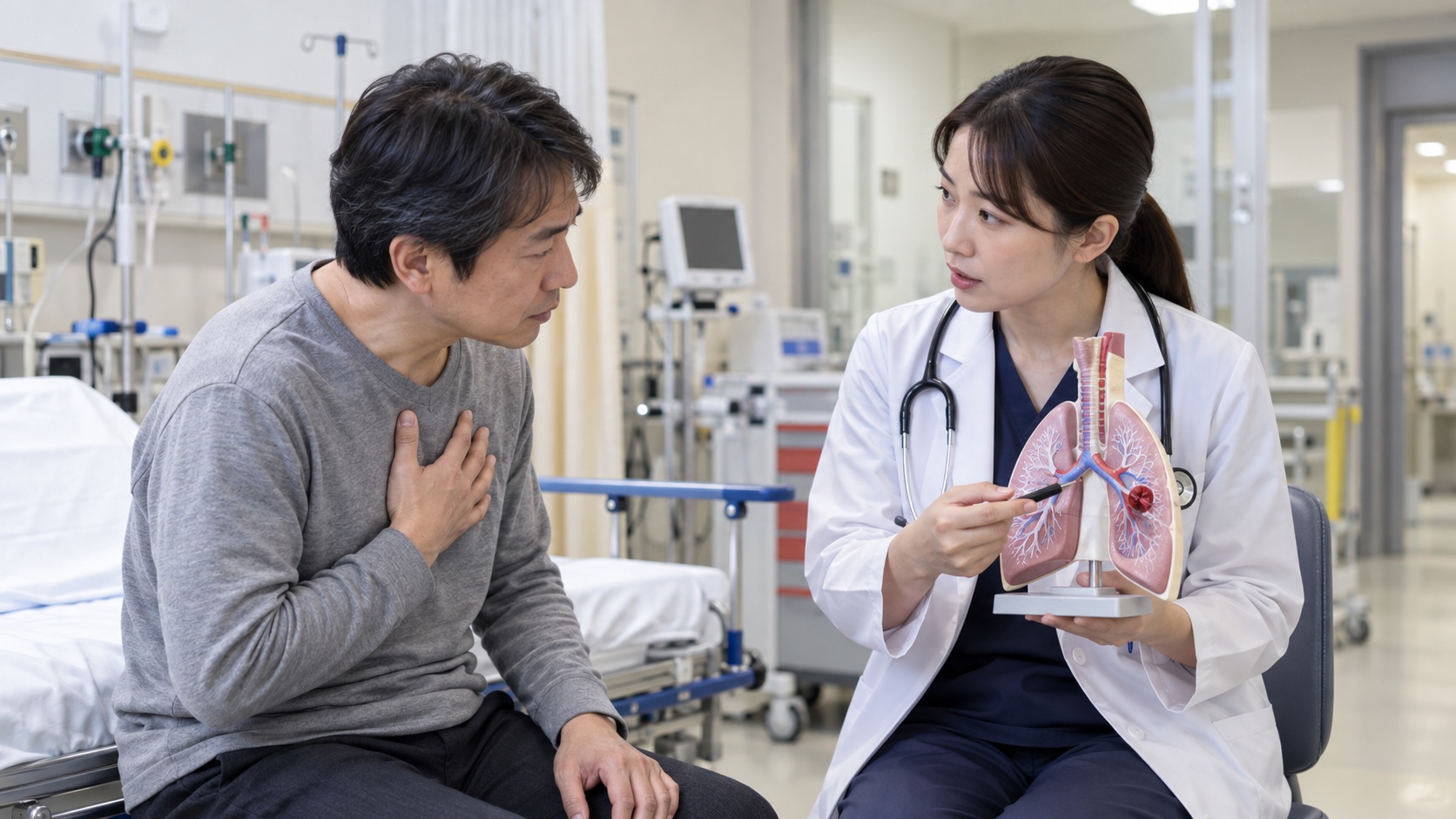 救急外来で肺の模型を用い、突然の息切れについて医師と相談する患者