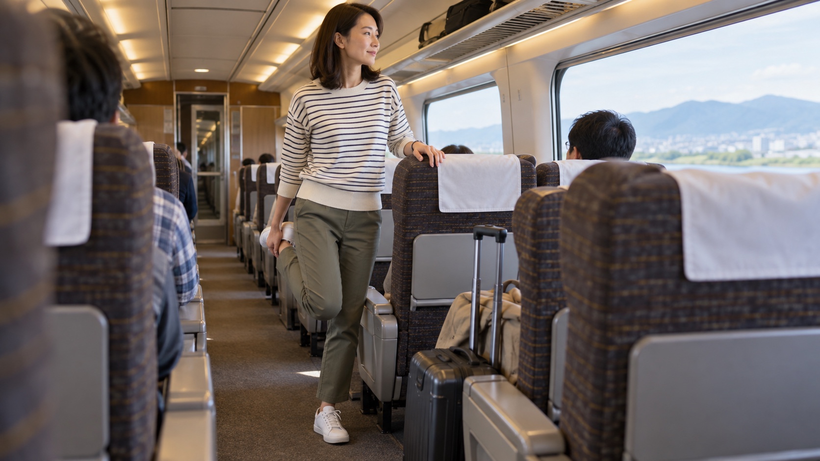 長距離列車の車内で席を立ち、脚を動かす旅行者