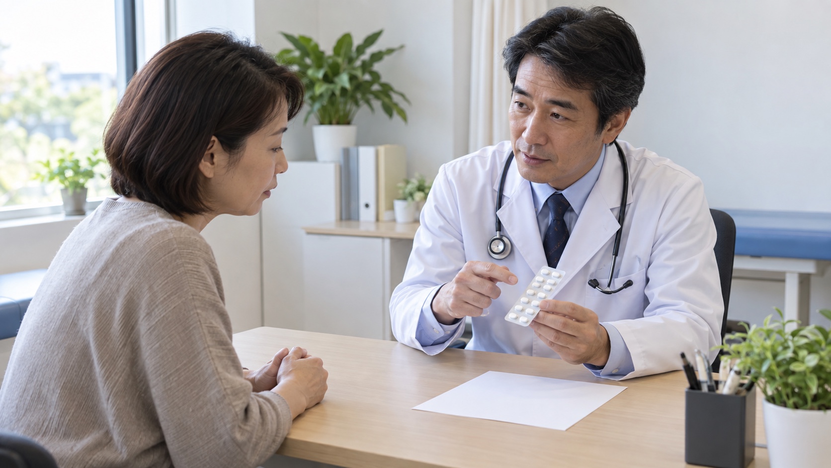診察室で医師と患者が薬と通院計画を確認する様子