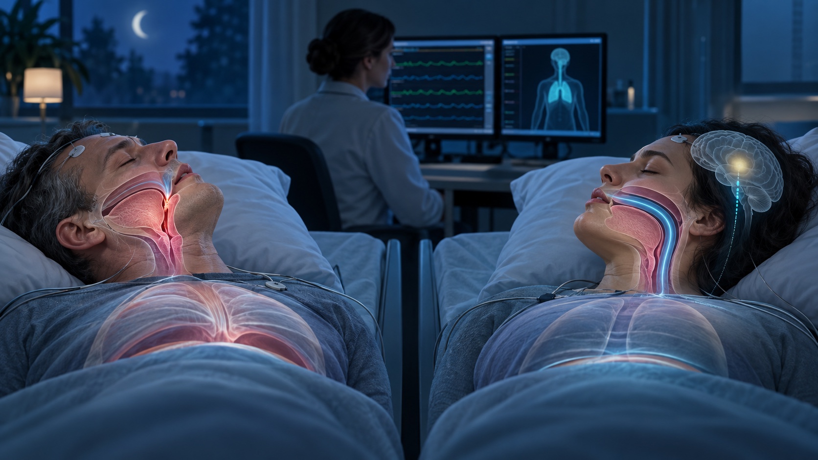 閉塞性と中枢性の睡眠時無呼吸を比較した睡眠検査の場面