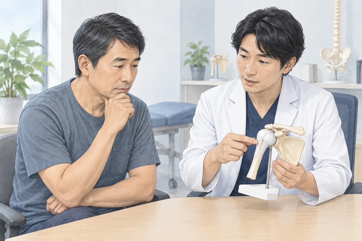 肩の模型を見ながら腱板の状態と治療について相談する男性と医師のイラスト