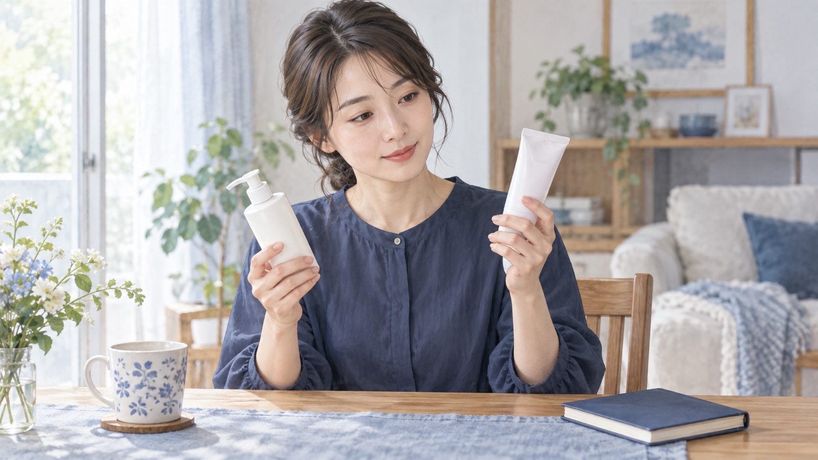 表示を確認する場面を想定し、2本の容器とメモを見比べる女性