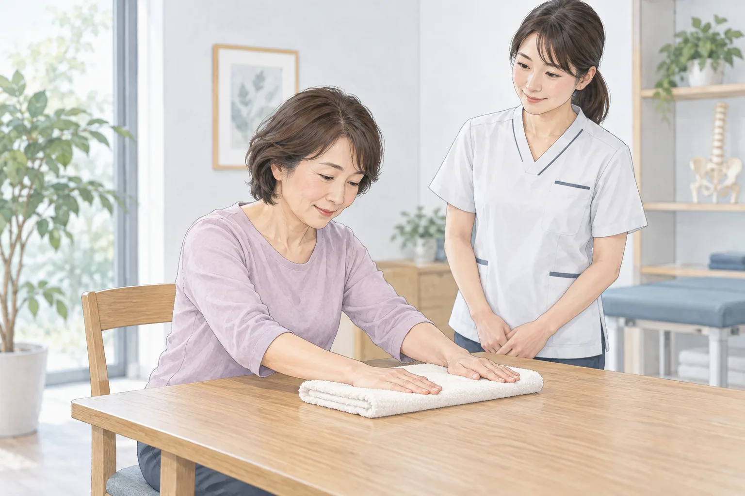 理学療法士が見守る中、机のタオルに前腕を置いて肩を小さく動かす女性のイラスト