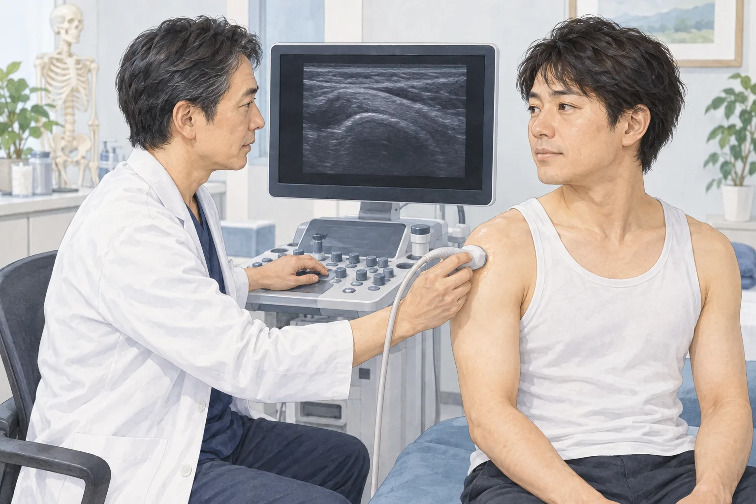 医師が座った男性の肩に超音波の探触子を当てて検査するイラスト