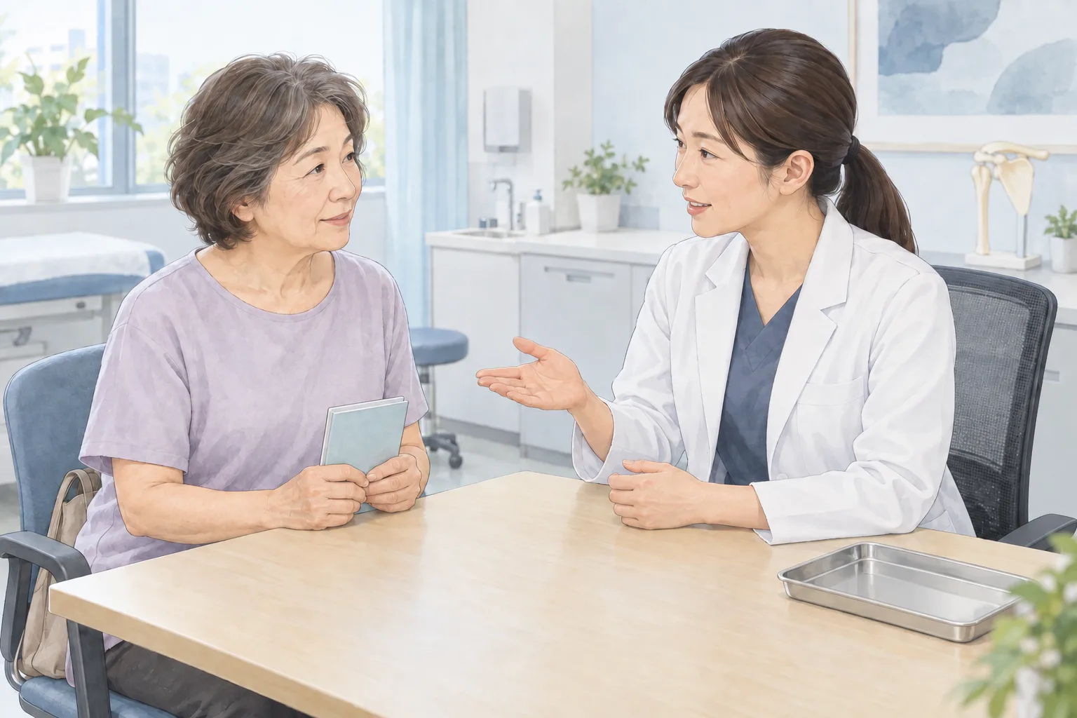 閉じたお薬手帳を持つ女性が、注射の前に医師と持病や服薬を相談するイラスト