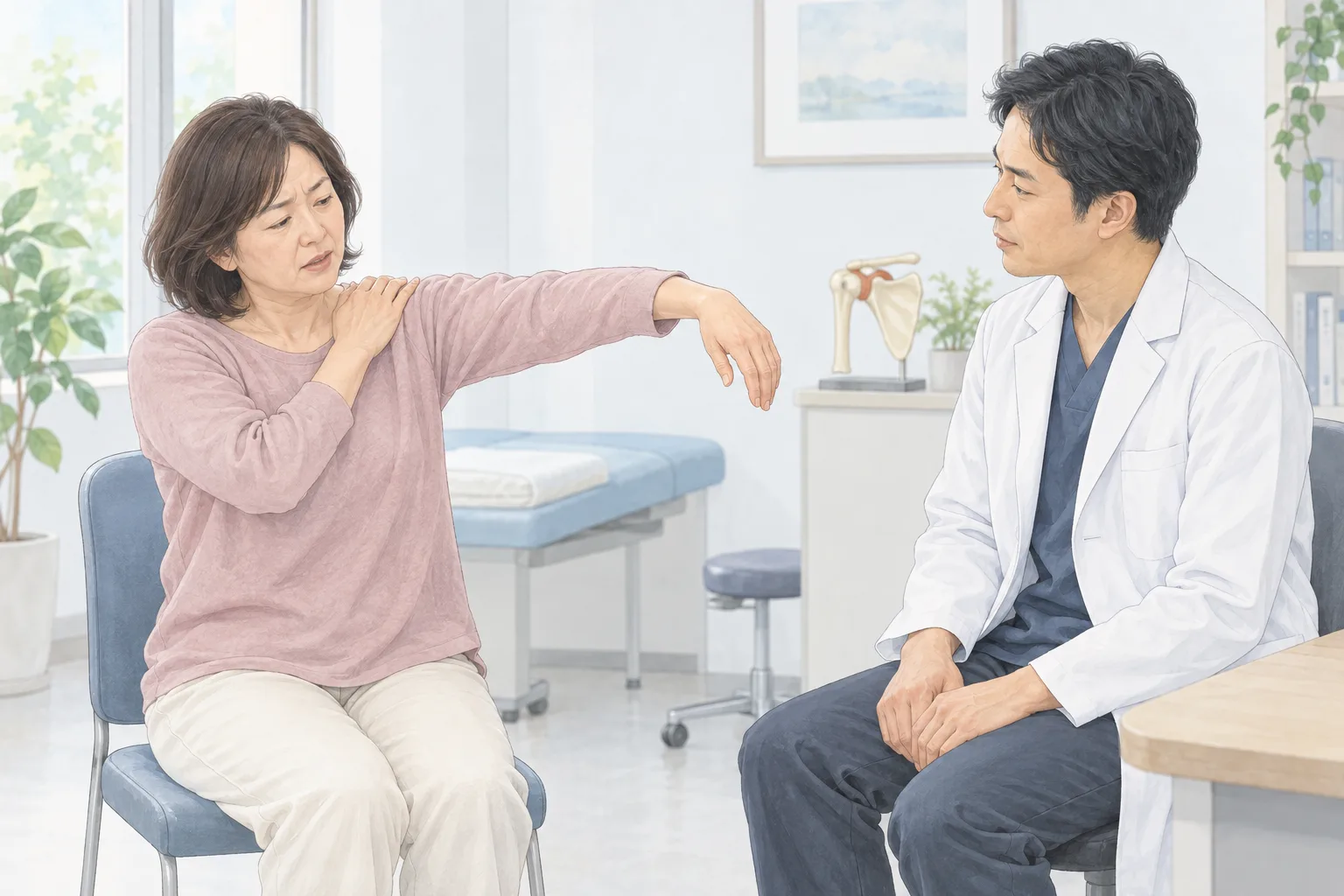 診察室で、女性が肩を動かしにくい様子を整形外科医へ伝えるイラスト