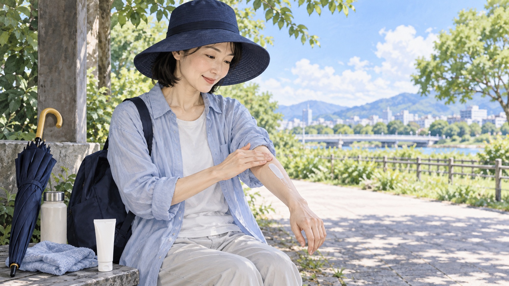 木陰で帽子と長袖を使いながら、露出した腕に日焼け止めを塗る女性