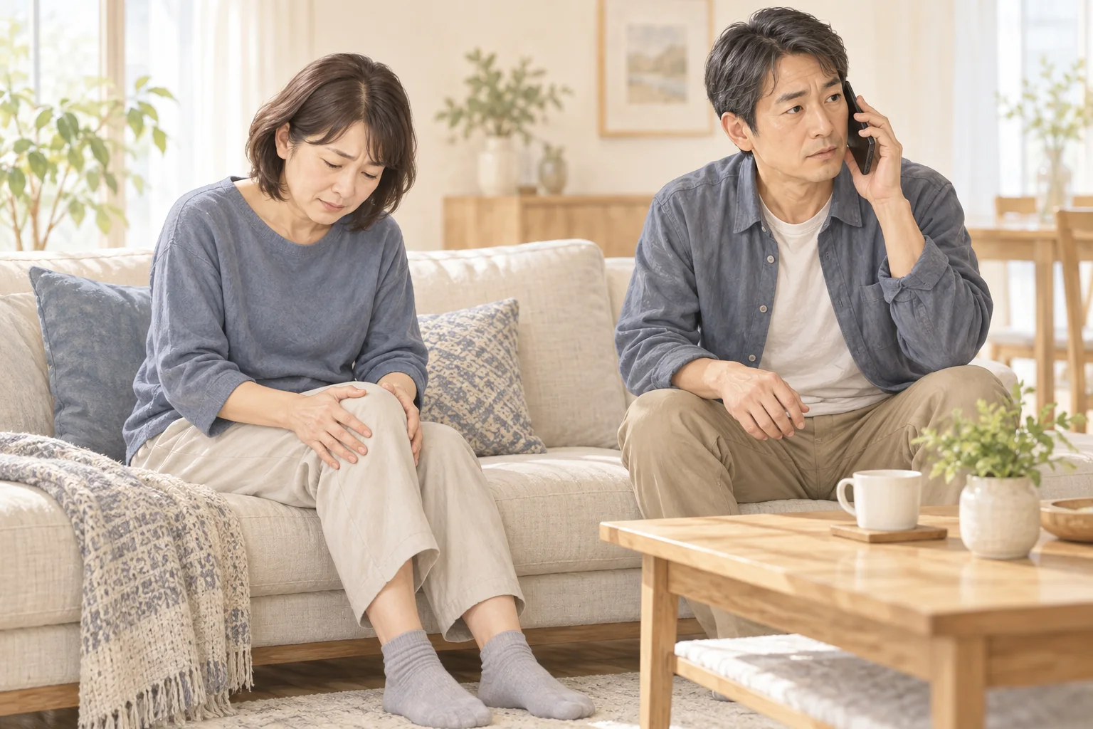 腫れた膝をかばって座る女性のそばで家族が電話相談する様子