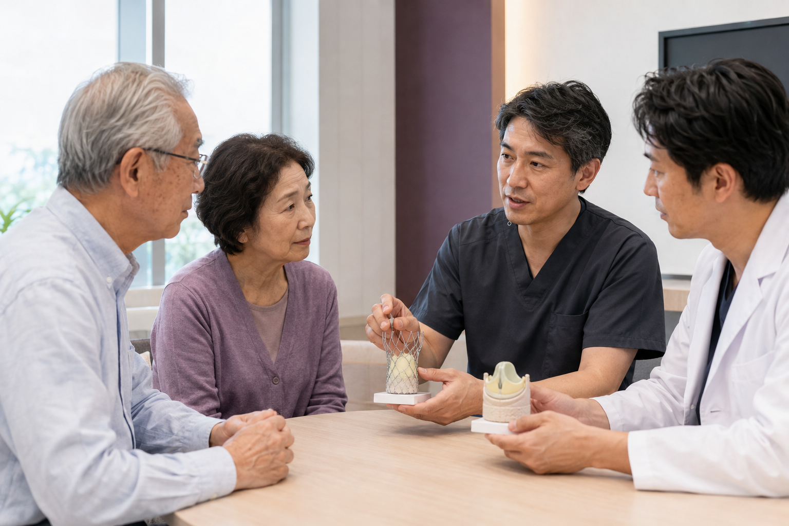 循環器内科医と心臓血管外科医が患者と家族へTAVIと外科手術の人工弁模型を示す場面