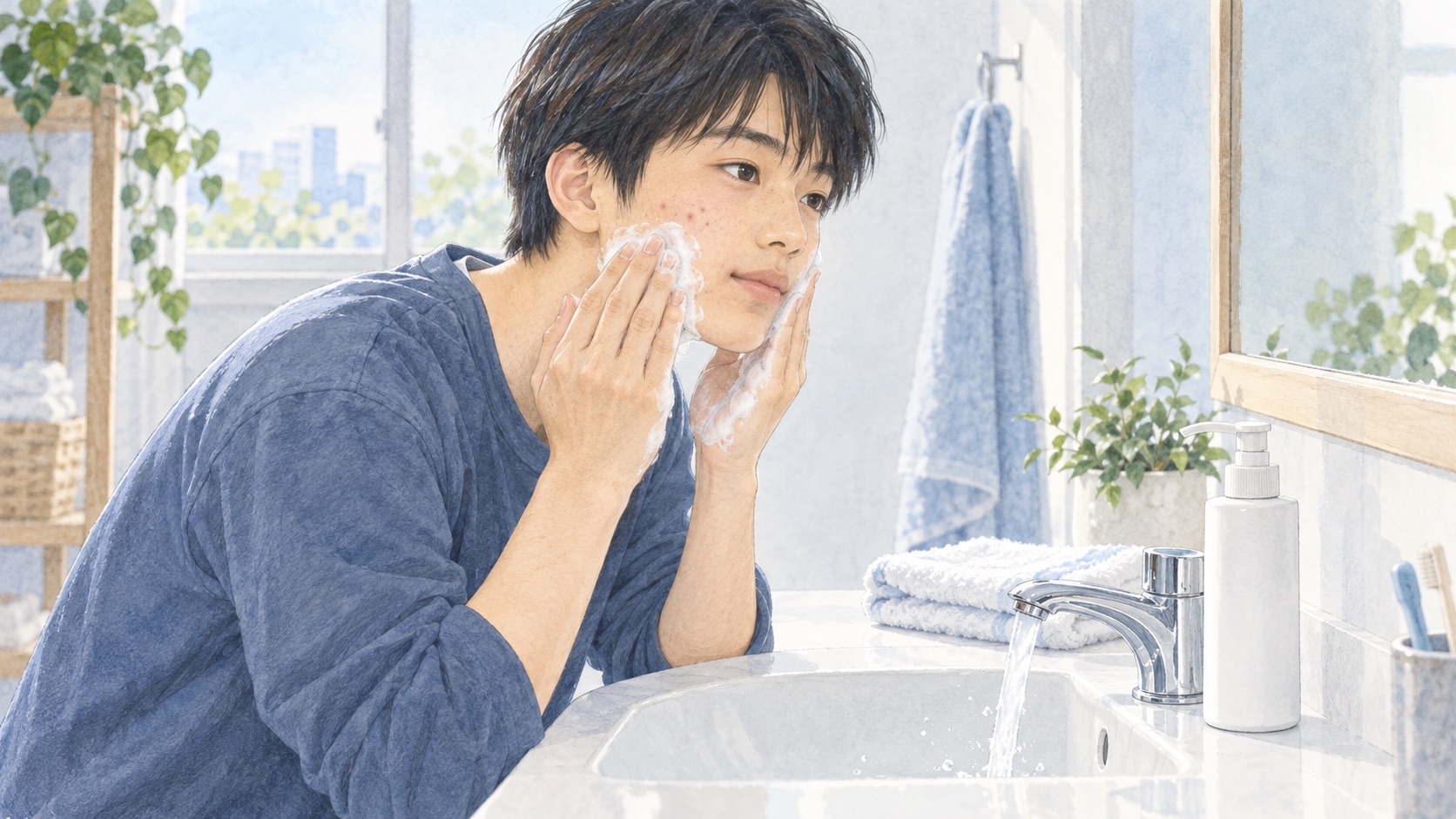 洗面台で思春期の少年が指の腹を使って顔をやさしく洗う様子