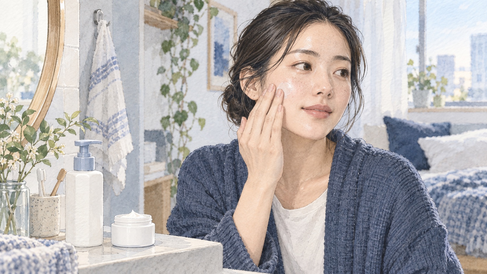 額の皮脂感がある成人が、乾燥する頬に保湿剤をやさしく塗る様子