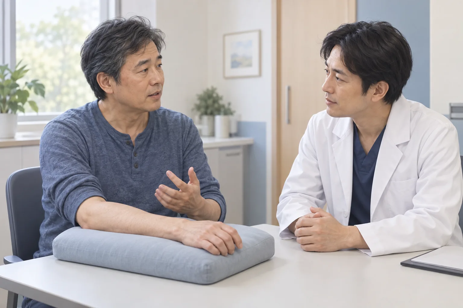 腕をクッションで支え、受傷時の状況を医師に伝える成人の説明用イラスト