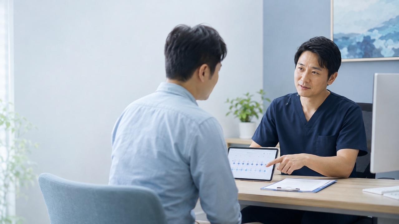泌尿器科の診察で医師と患者が症状の経過を確認している場面のイメージ