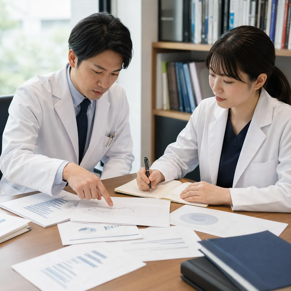 依存症に関する最新のコラムや症例報告を読み解く専門家の手元