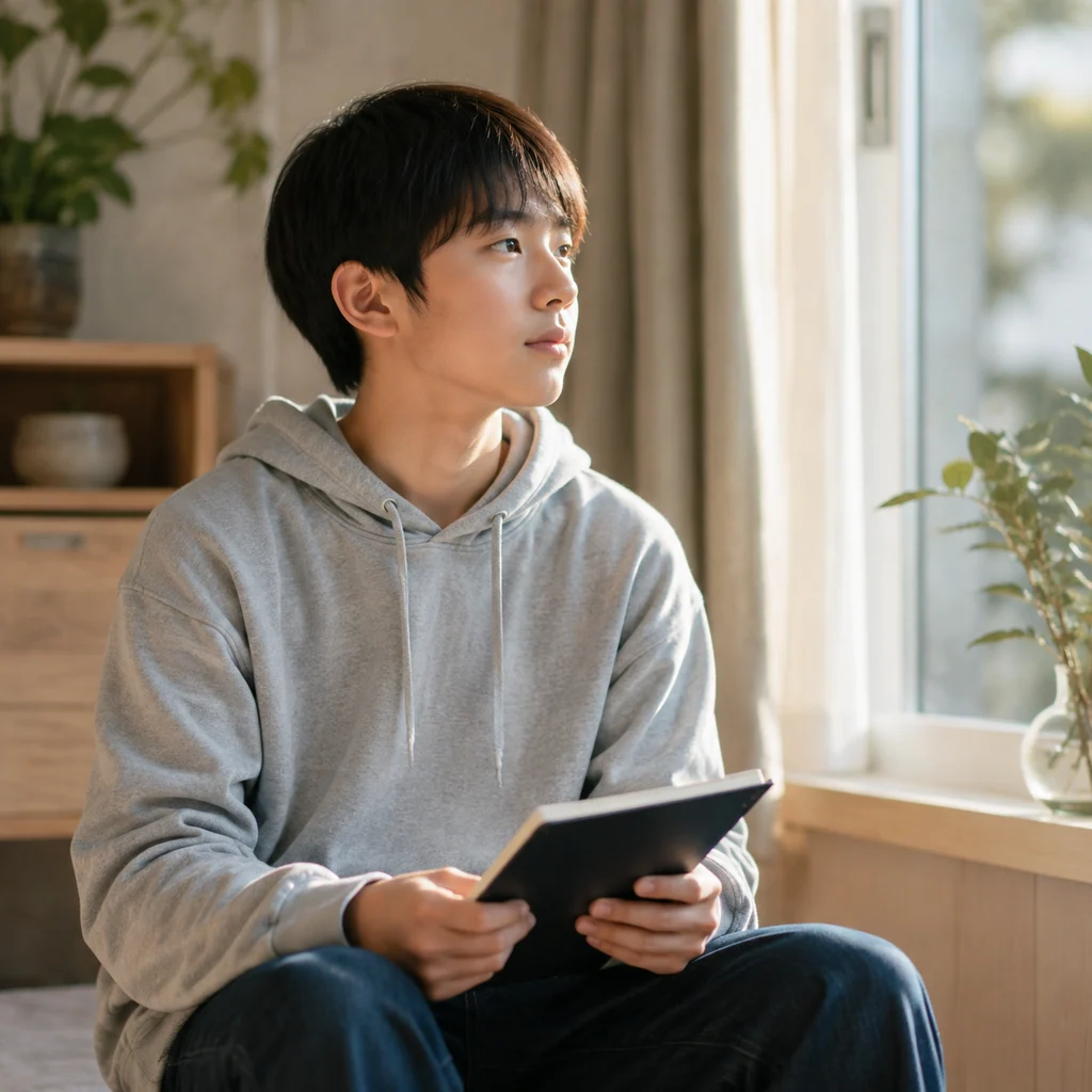 自宅の窓辺で閉じたノートを持ち、外を見ながら静かに考える思春期の子ども