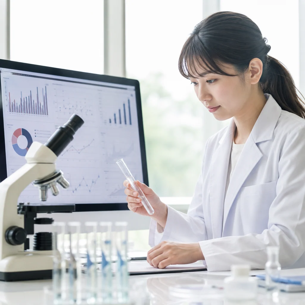 進化する美容皮膚科の技術と未来の展望を示すグラフと研究者