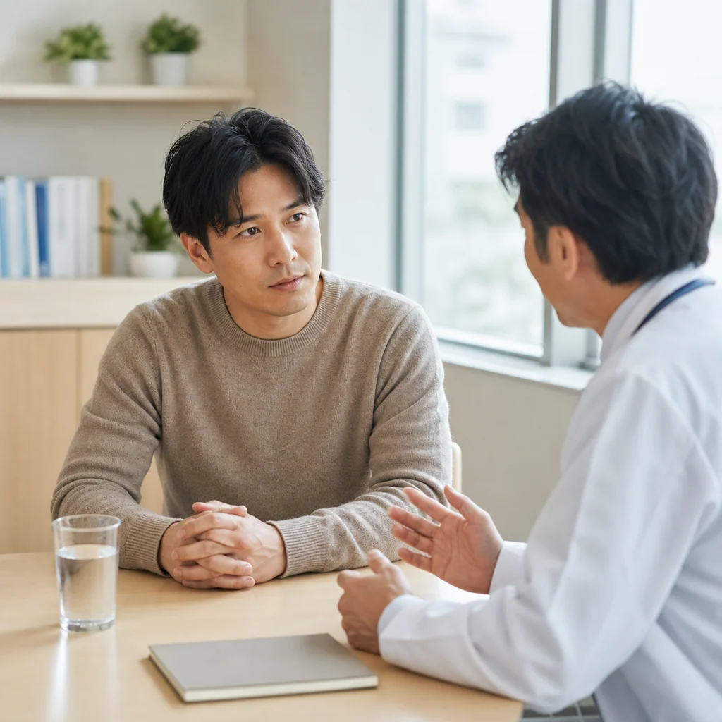 アルコールに依存し苦しむ男性と、回復を支援する専門家