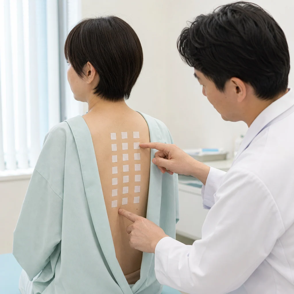 アレルギー検査で患者の背中に複数の試薬を貼付し、反応を観察する場面