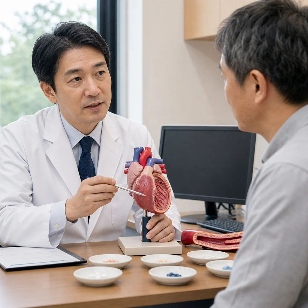 高血圧治療に用いられる降圧薬の作用機序と種類を解説する医療概念図