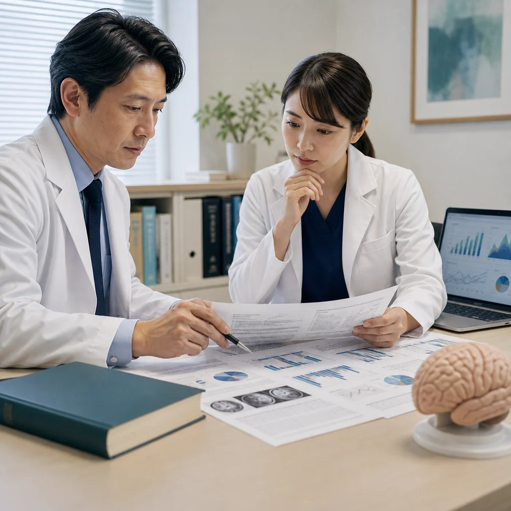 白衣の医療者2人が、脳画像やグラフを含む研究資料を机上で確認し、ノートパソコンの分析画面と照合する場面