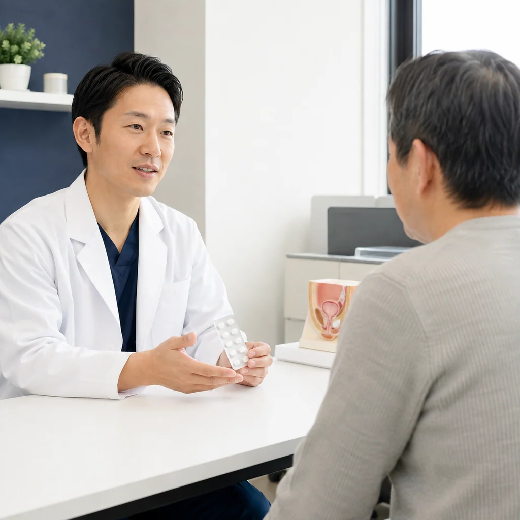 前立腺の模型と薬のブリスターを用いて男性患者に説明する医師
