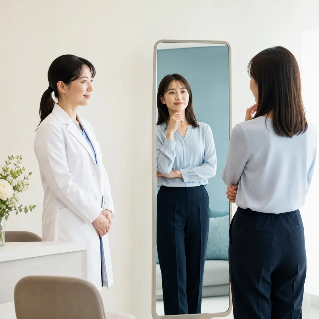 バスト美容外科手術後の女性が鏡を見て笑顔になる心理的満足感