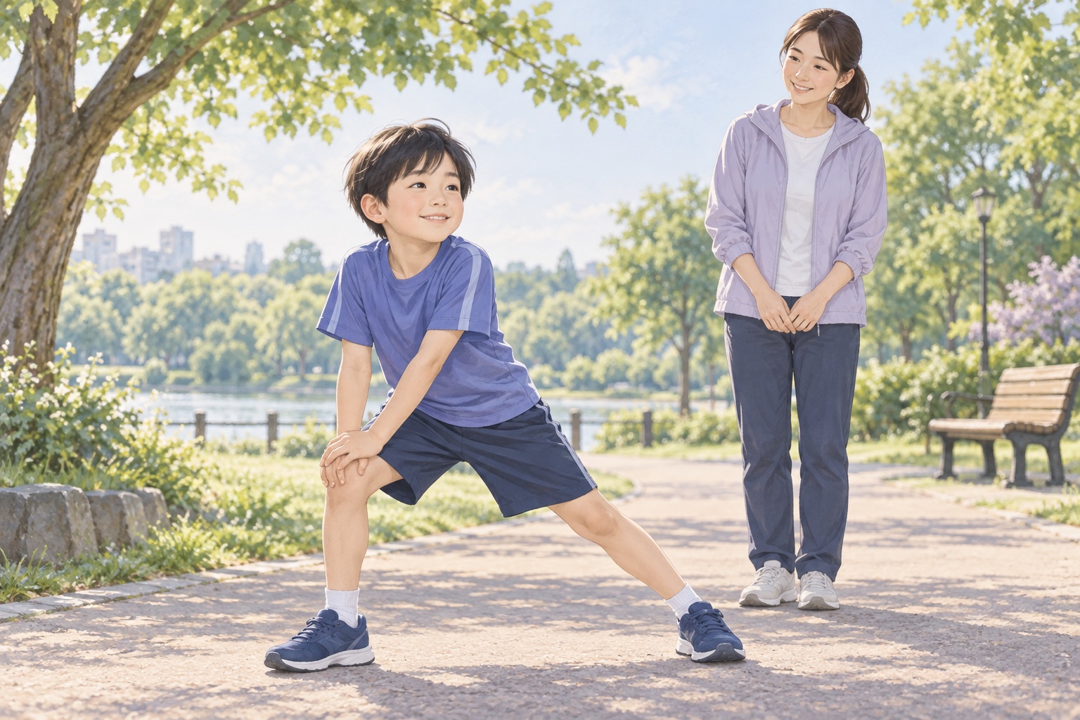 保護者に見守られながら公園で準備運動をする子どものイラスト