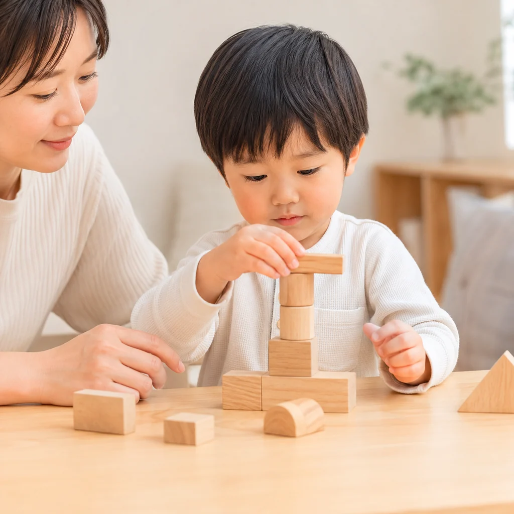 木製の積み木を重ねて遊ぶ子どもを保護者がそばで見守る様子
