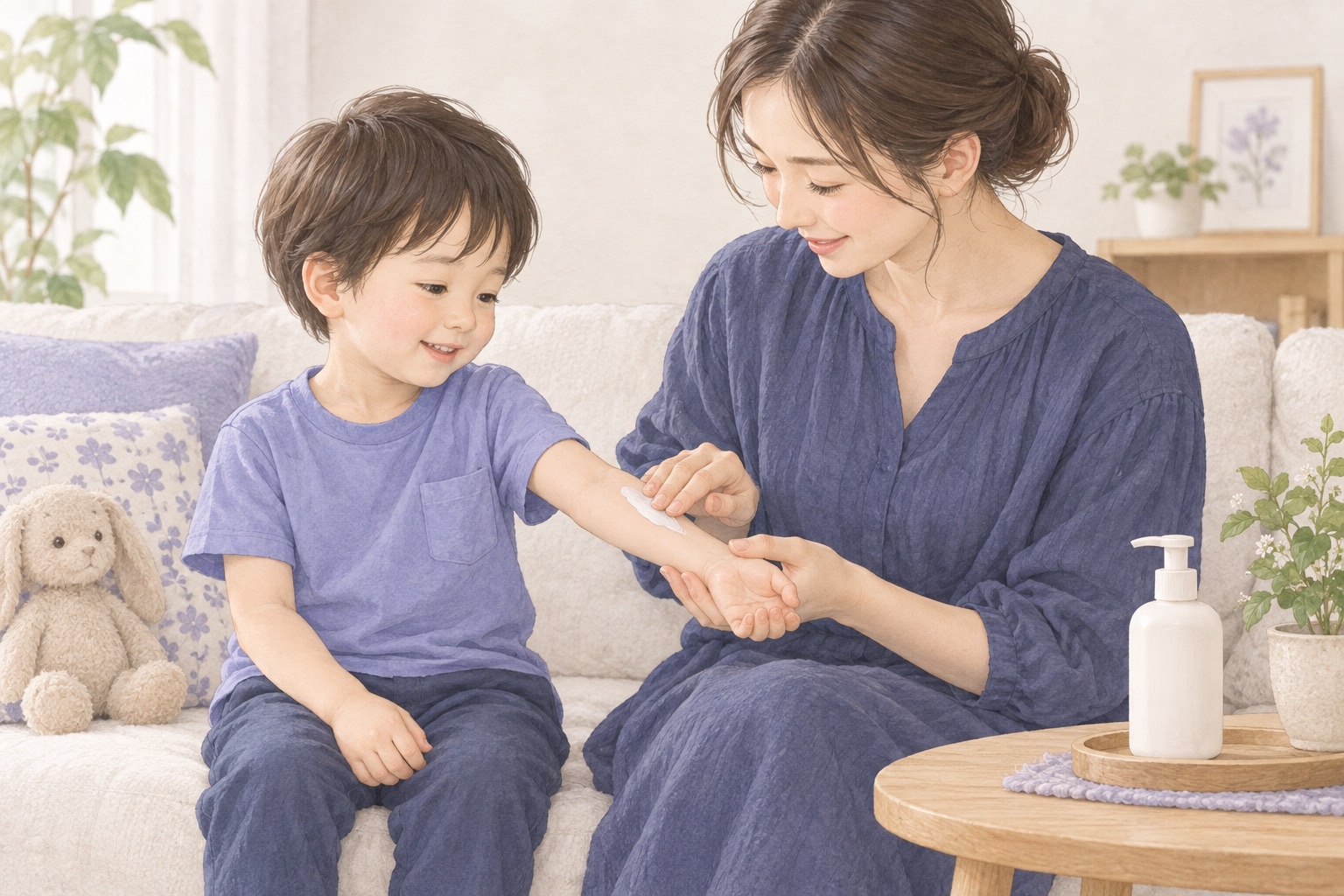 保護者が子どもの腕へやさしく保湿剤を塗る家庭でのスキンケアのイラスト