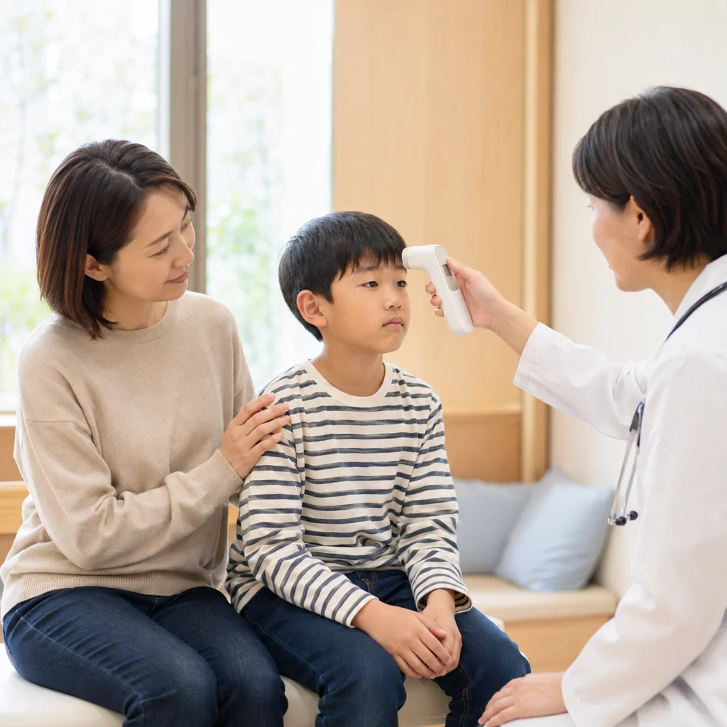 小児科で医師が子どもの額を非接触体温計で測り、保護者が寄り添う様子