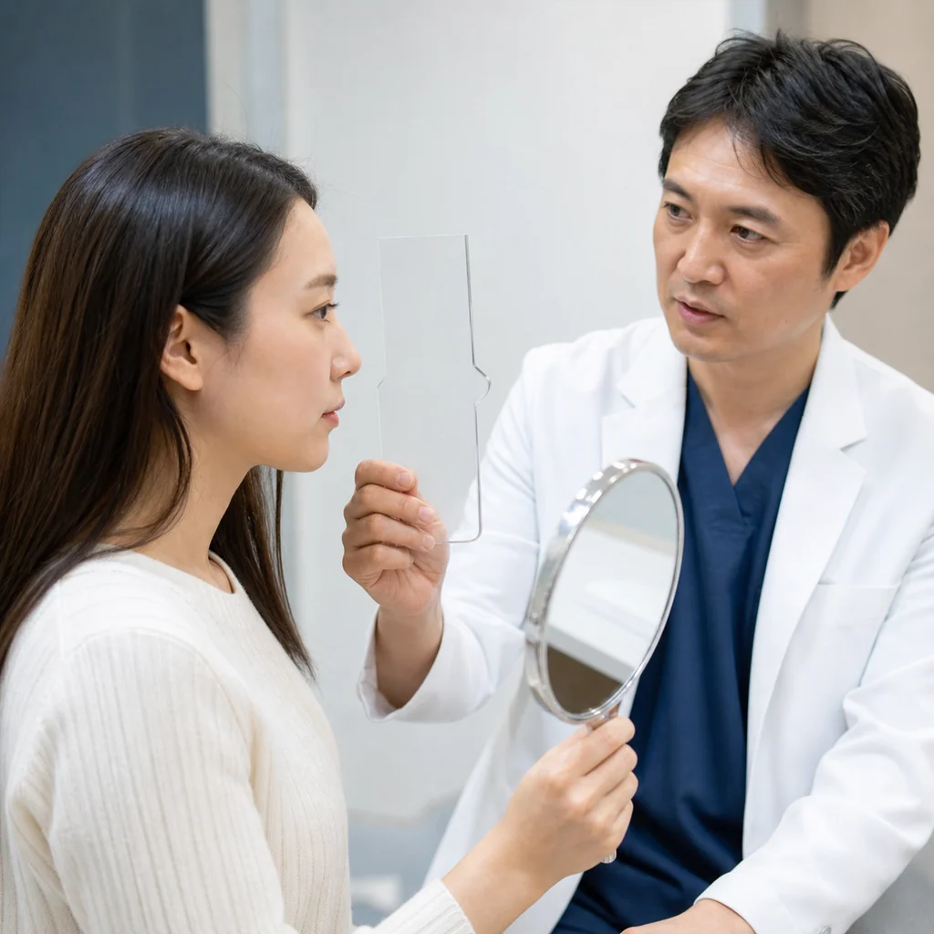 顎の整形手術で理想的なEラインを形成し、横顔を整える様子
