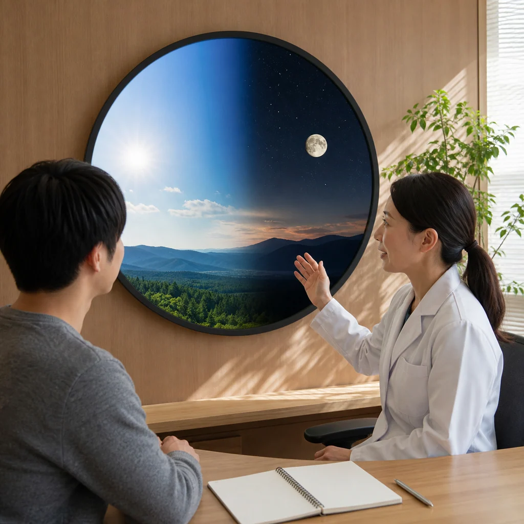 概日リズム睡眠障害により体内時計が乱れるメカニズムを示す模式図