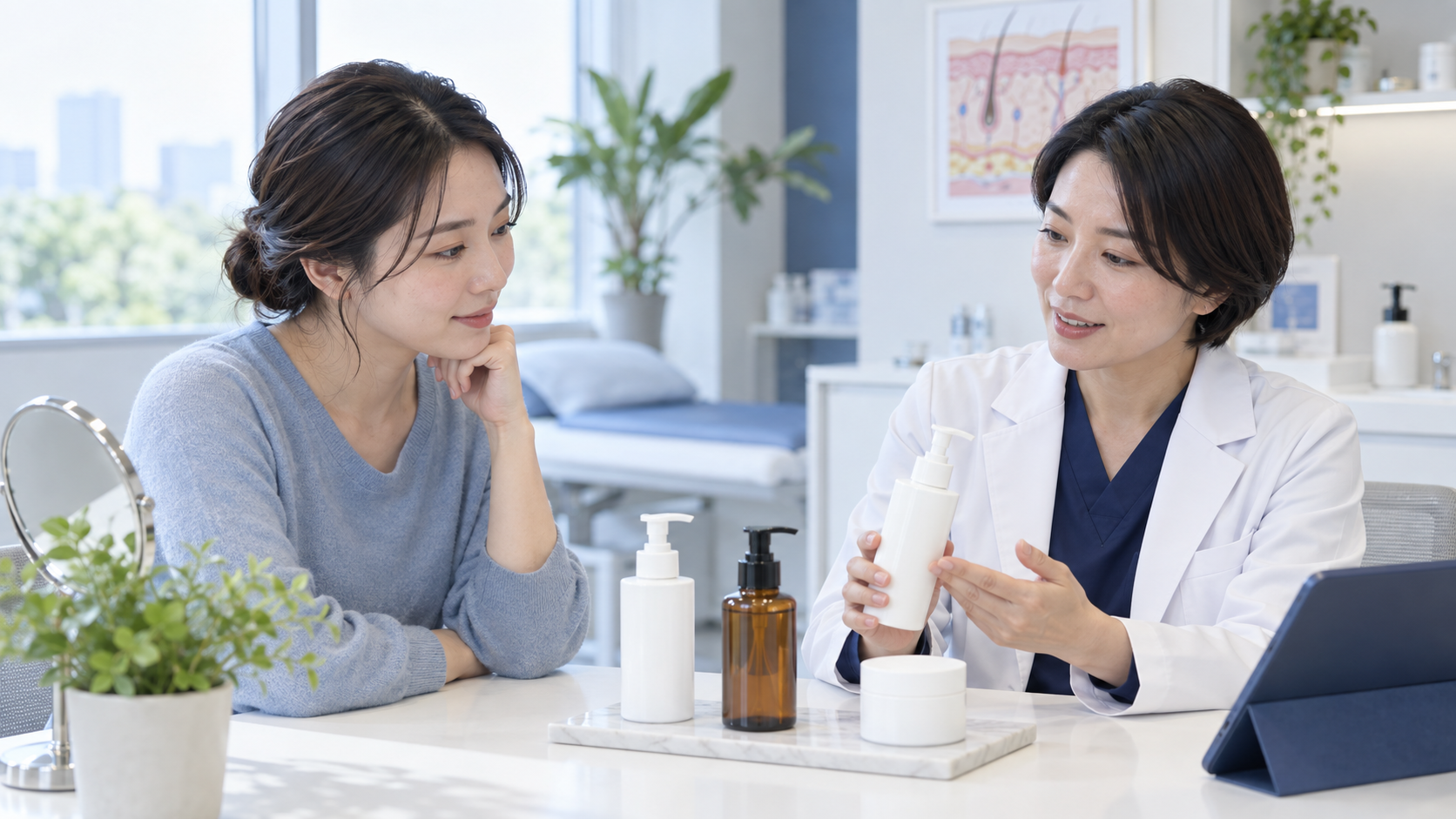 皮膚科の診察室でスキンケア製品の使い方を相談する患者