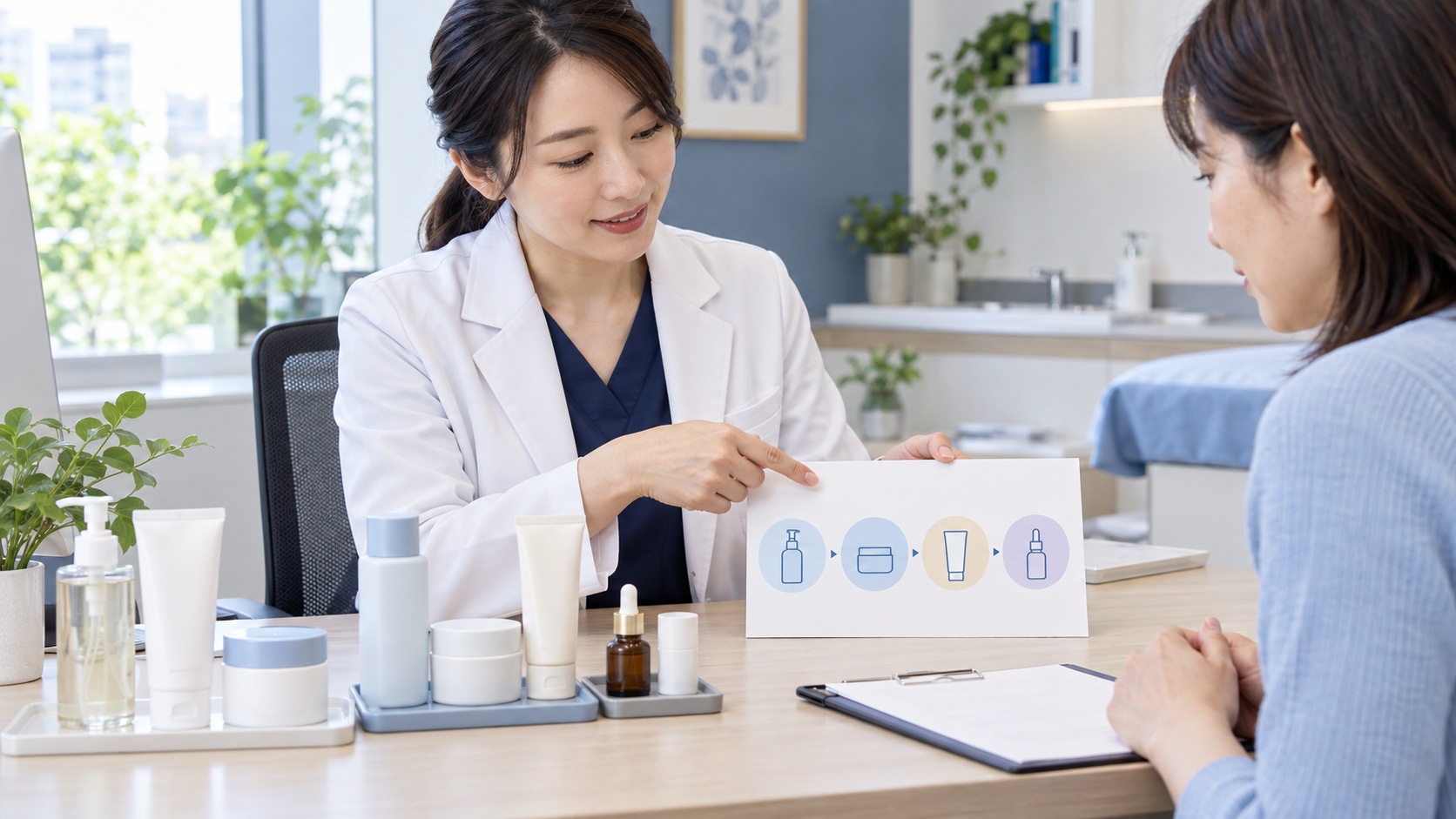 皮膚科医が患者と基礎化粧品と美容成分の順番を確認する様子
